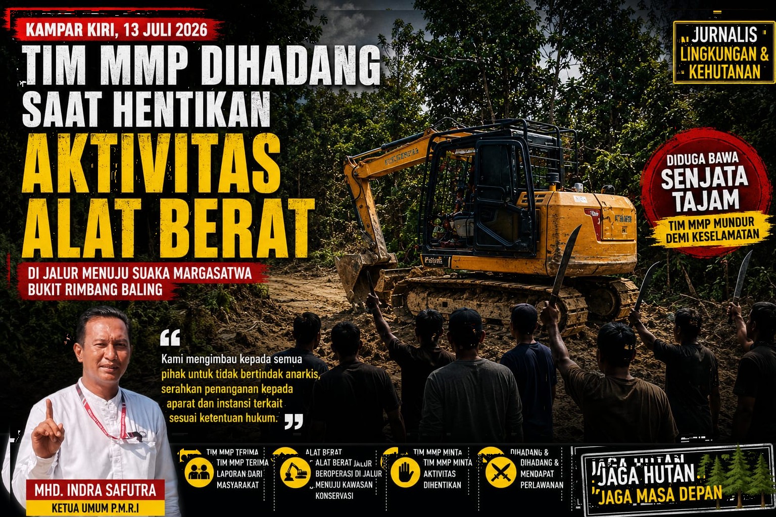 Tim MMP Dihadang Sekelompok Orang Saat Hentikan Aktivitas Alat Berat di Jalur Menuju Suaka Margasatwa Bukit Rimbang Baling